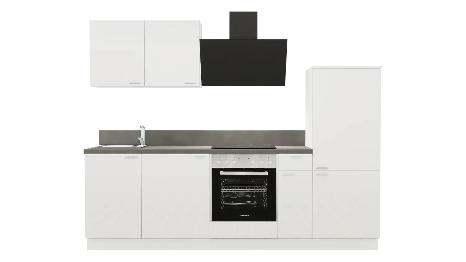 Express Küchenzeile mit Geräten in Weiß Hochglanz & Stahl dunkel: 260 cm, Spüle links | Küchenblock "EXK910-5-1-l" / Bild 1