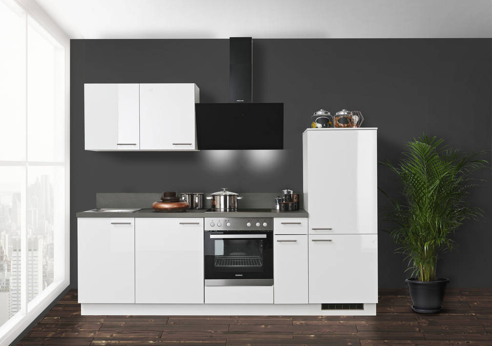 Express Küchenzeile mit Geräten in Weiß Hochglanz & Stahl dunkel: 260 cm, Spüle links | Küchenblock "EXK910-5-1-l" / Bild 2