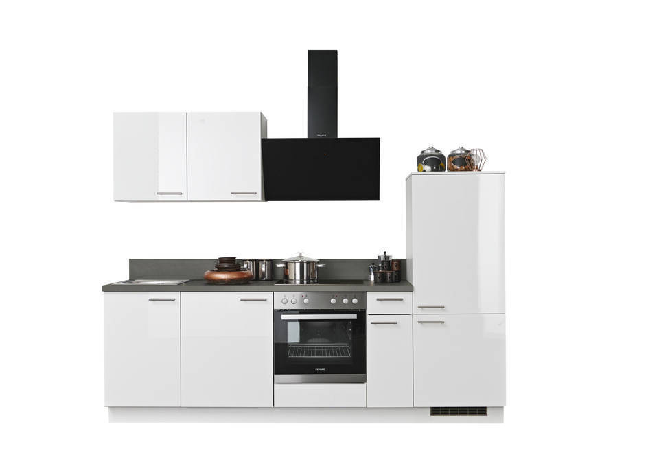 Express Küchenzeile mit Geräten in Weiß Hochglanz & Stahl dunkel: 260 cm, Spüle links | Küchenblock "EXK910-5-1-l" / Bild 3