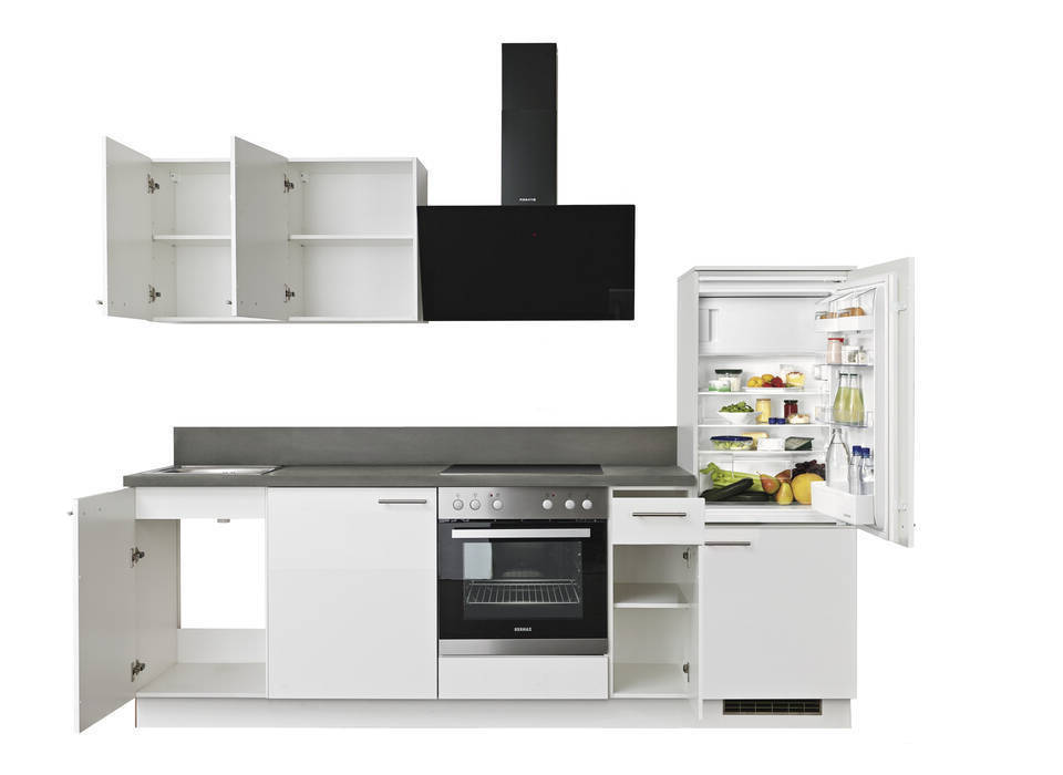 Express Küchenzeile mit Geräten in Weiß Hochglanz & Stahl dunkel: 260 cm, Spüle links | Küchenblock "EXK910-5-1-l" / Bild 4
