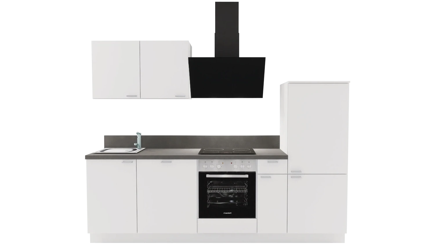 Express Küchenzeile mit Geräten in Weiß Hochglanz & Stahl dunkel: 260 cm, Spüle links | Singleküche "EXK920-5-1-l" / Bild 1