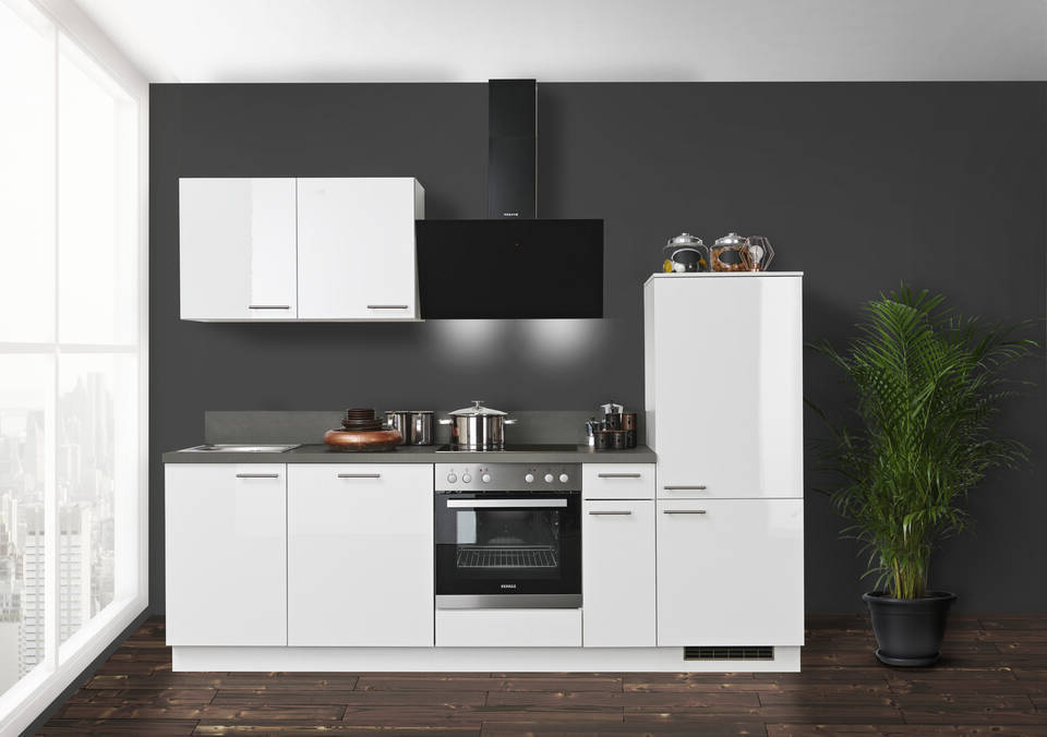 Express Küchenzeile mit Geräten in Weiß Hochglanz & Stahl dunkel: 260 cm, Spüle links | Singleküche "EXK920-5-1-l" / Bild 2