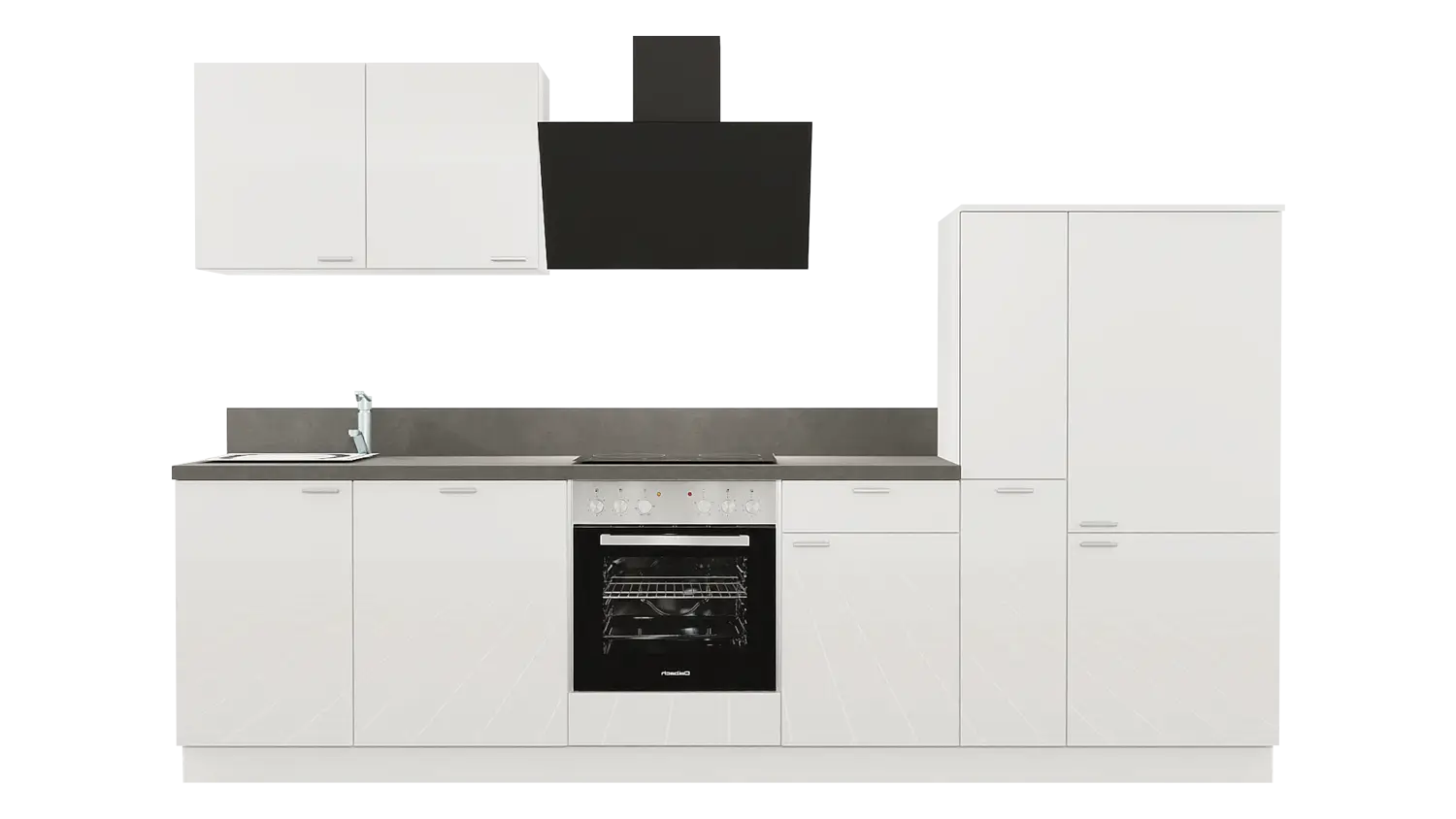 Express Küchenzeile mit Geräten in Weiß Hochglanz & Stahl dunkel: 310 cm, Spüle links | Küchenblock "EXK930-5-1-l" / Bild 1