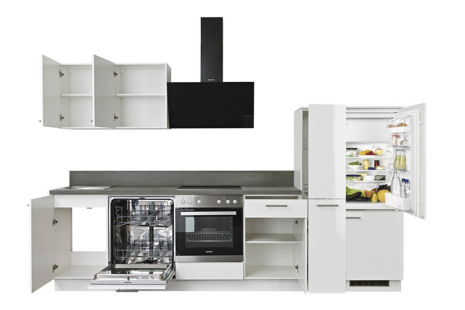 Express Küchenzeile mit Geräten in Weiß Hochglanz & Stahl dunkel: 310 cm, Spüle links | Küchenblock "EXK930-5-1-l" / Bild 4