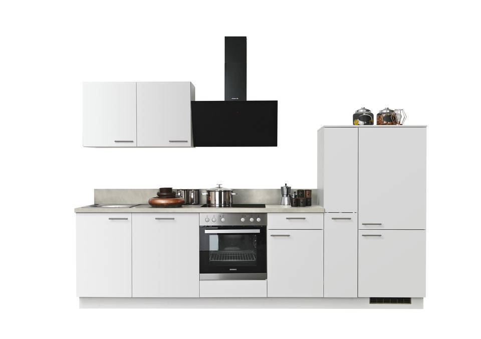 Express Küchenzeile mit Geräten in Weiß & Zement hell: 310 cm, Spüle links | Küchenblock "EXK930-1-1"