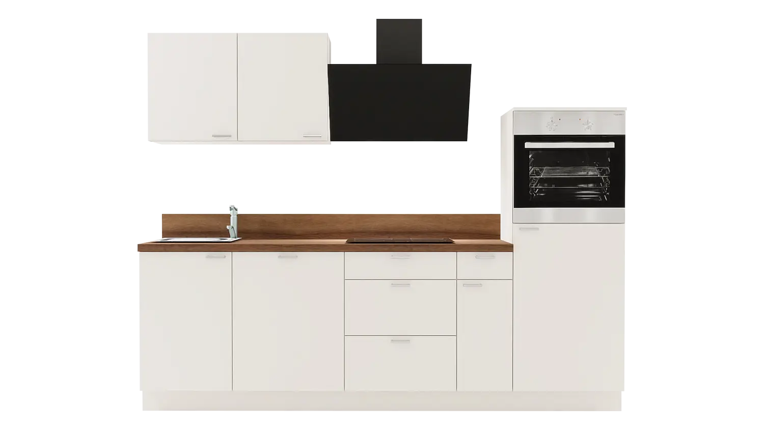 Express Küchenzeile mit Geräten in Magnolia & Nussbaum: 260 cm, Spüle links | Singleküche "EXK940-2-1-l" / Bild 1