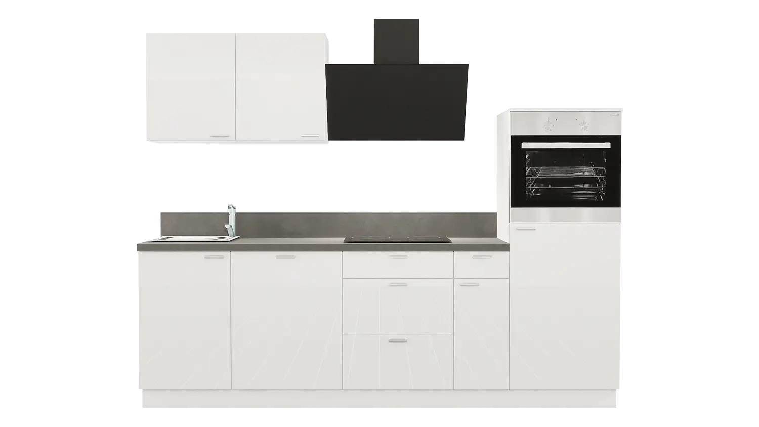 Express Küchenzeile mit Geräten in Weiß Hochglanz & Stahl dunkel: 260 cm, Spüle links | Singleküche "EXK940-5-1-l"