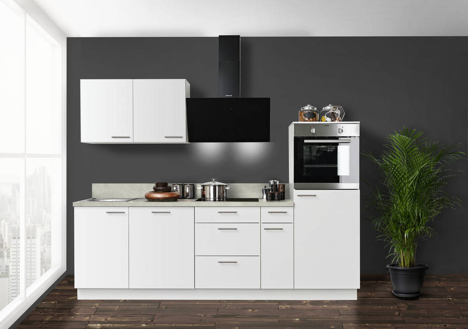 Express Küchenzeile mit Geräten in Weiß & Zement hell: 260 cm, Spüle links | Singleküche "EXK940-1-1-l" / Bild 2