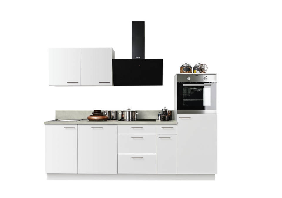 Express Küchenzeile mit Geräten in Weiß & Zement hell: 260 cm, Spüle links | Singleküche "EXK940-1-1-l" / Bild 3