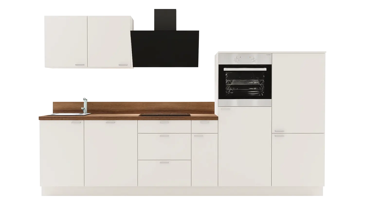 Express Küchenzeile mit Geräten in Magnolia & Nussbaum: 320 cm, Spüle links | Küchenblock "EXK950-2-1-l" / Bild 1