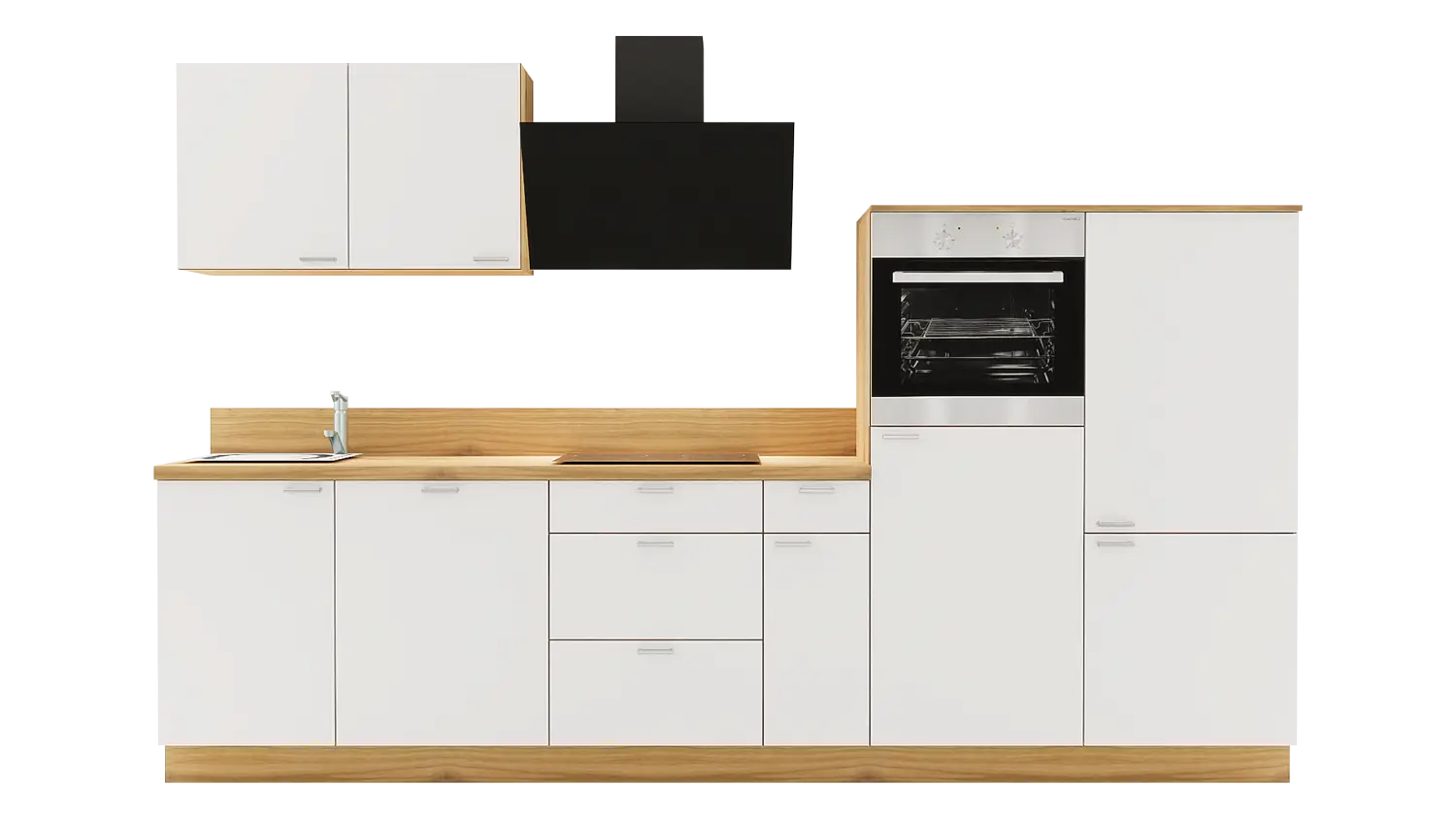 Express Küchenzeile mit Geräten in Weiß & Eiche astig: 320 cm, Spüle links | Küchenblock "EXK950-4-1-l"