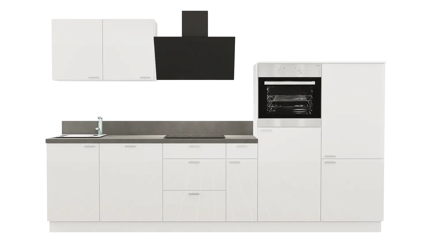 Express Küchenzeile mit Geräten in Weiß Hochglanz & Stahl dunkel: 320 cm, Spüle links | Küchenblock "EXK950-5-1-l" / Bild 1