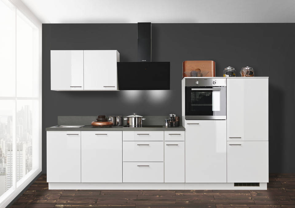 Express Küchenzeile mit Geräten in Weiß Hochglanz & Stahl dunkel: 320 cm, Spüle links | Küchenblock "EXK950-5-1-l" / Bild 2