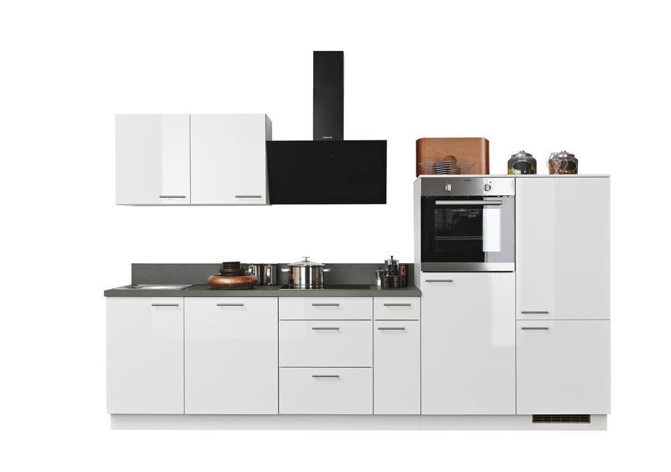Express Küchenzeile mit Geräten in Weiß Hochglanz & Stahl dunkel: 320 cm, Spüle links | Küchenblock "EXK950-5-1-l" / Bild 3