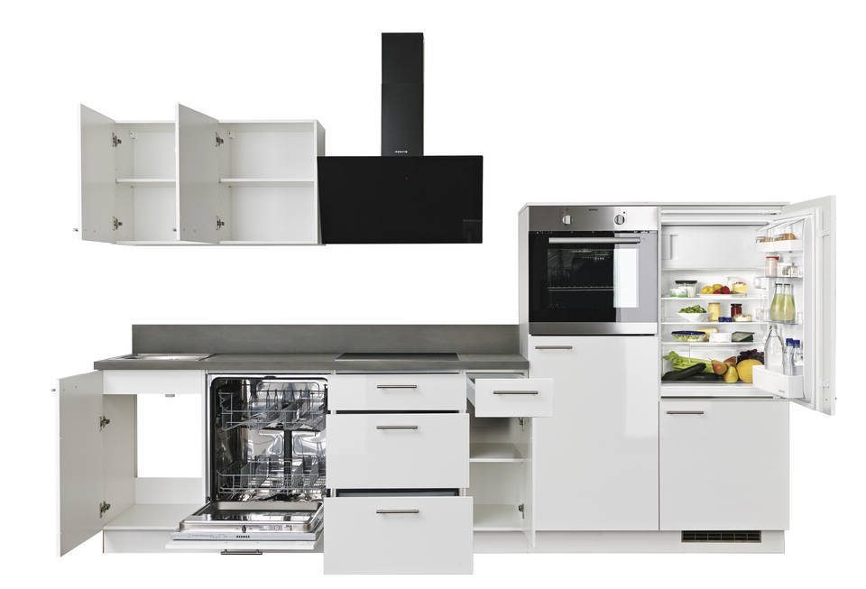 Express Küchenzeile mit Geräten in Weiß Hochglanz & Stahl dunkel: 320 cm, Spüle links | Küchenblock "EXK950-5-1-l" / Bild 4