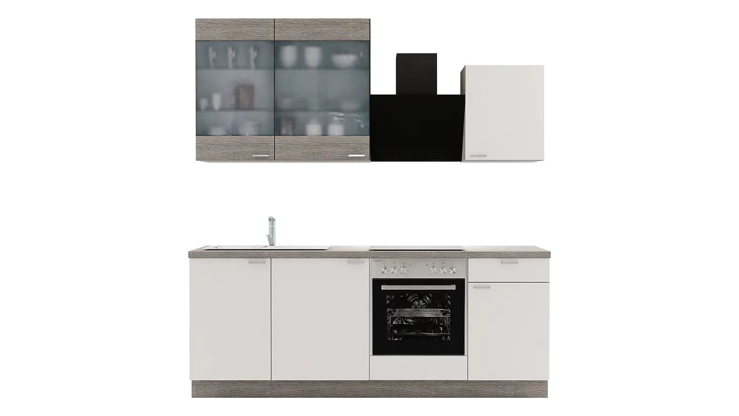 Express Küchenzeile mit Geräten in Weiß & Eiche grau: 220 cm, Spüle links | Singleküche "EXK960-1-1-l"