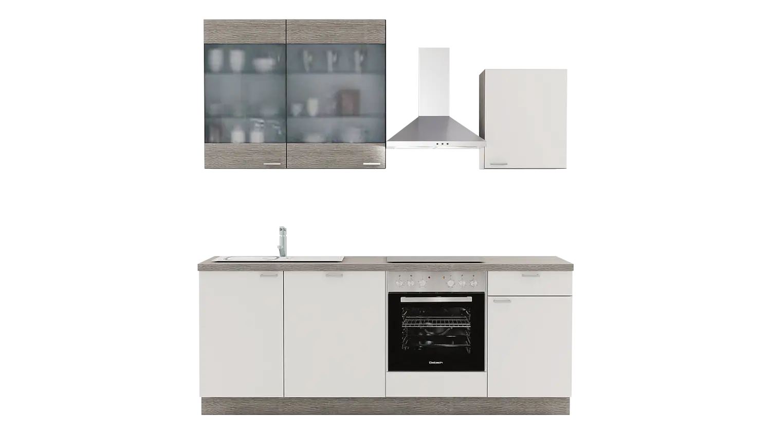 Express Küchenzeile mit Geräten in Weiß & Eiche grau: 220 cm, Spüle links | Singleküche "EXK970-1-1-l"