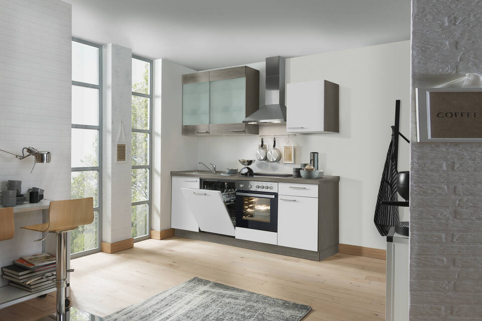 Express Küchenzeile mit Geräten in Weiß & Eiche grau: 220 cm, Spüle links | Singleküche "EXK970-1-1"