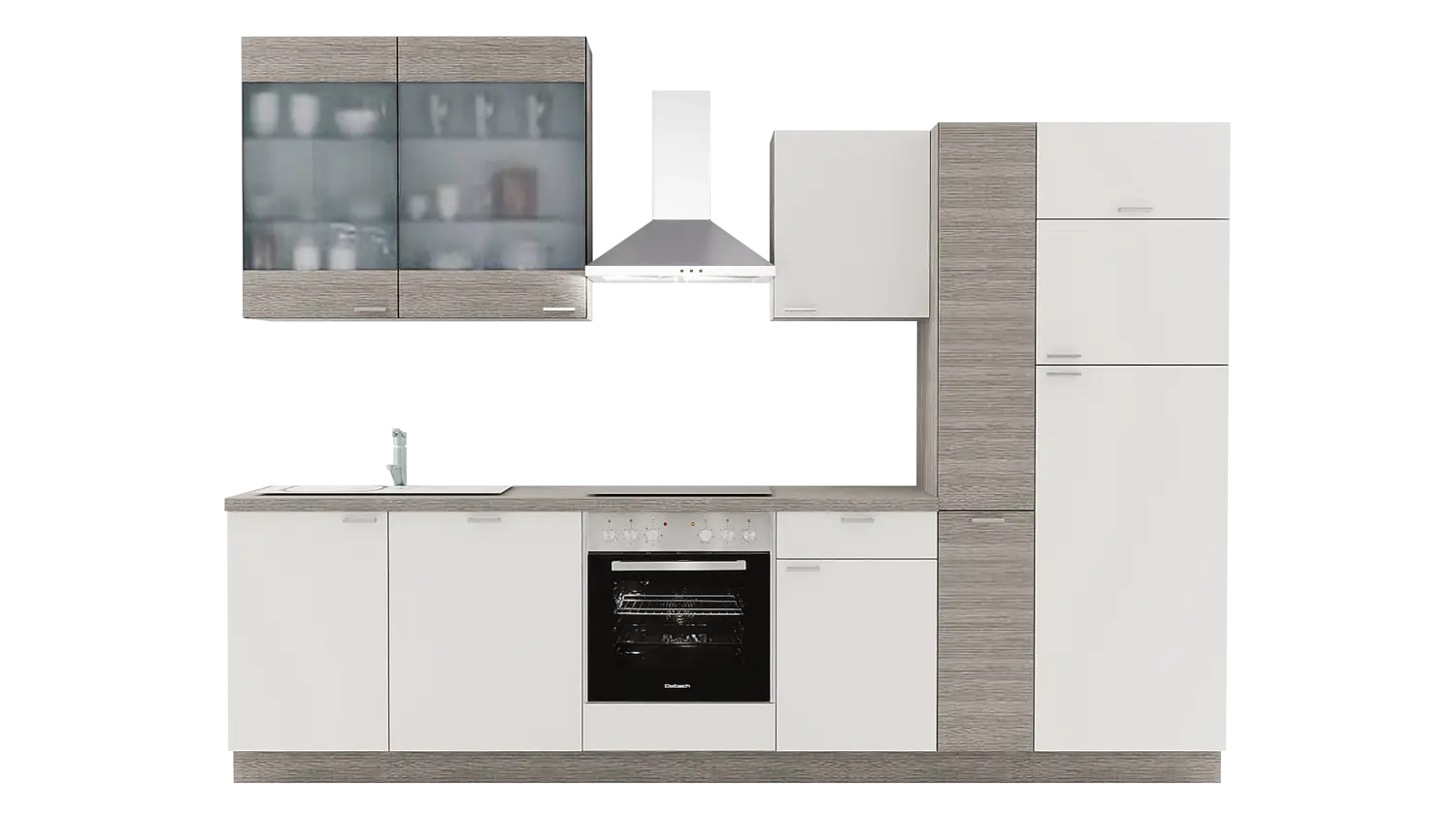 Express Küchenzeile mit Geräten in Weiß & Eiche grau: 310 cm, Spüle links | Küchenblock "EXK980-1-1-l"