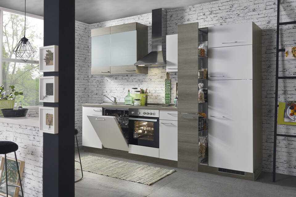 Express Küchenzeile mit Geräten in Weiß & Eiche grau: 310 cm, Spüle links | Küchenblock "EXK980-1-1-l" / Bild 3