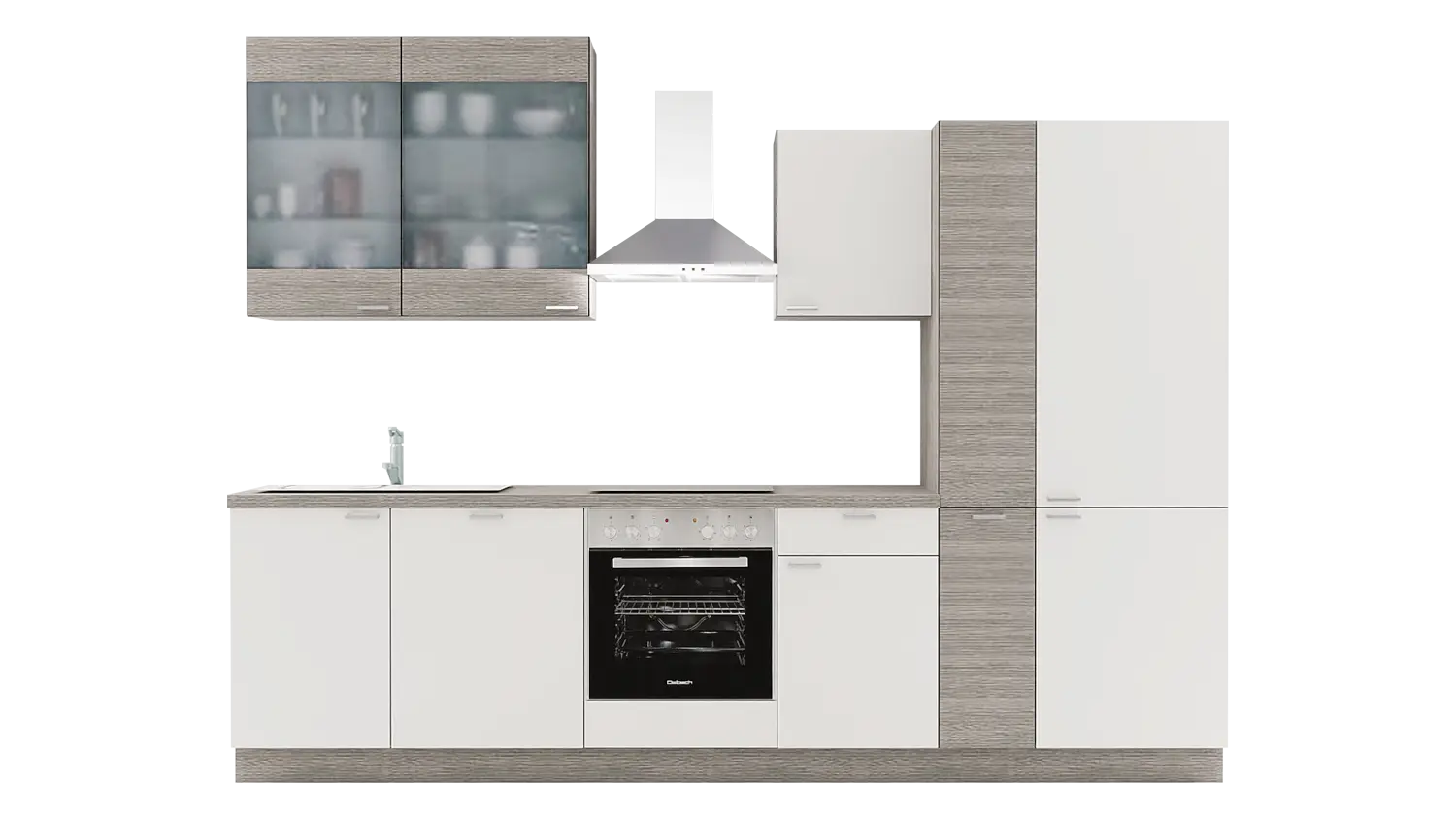 Express Küchenzeile mit Geräten in Weiß & Eiche grau: 310 cm, Spüle links | Küchenblock "EXK990-1-1-l"