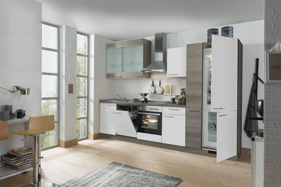 Express Küchenzeile mit Geräten in Weiß & Eiche grau: 310 cm, Spüle links | Küchenblock "EXK990-1-1"