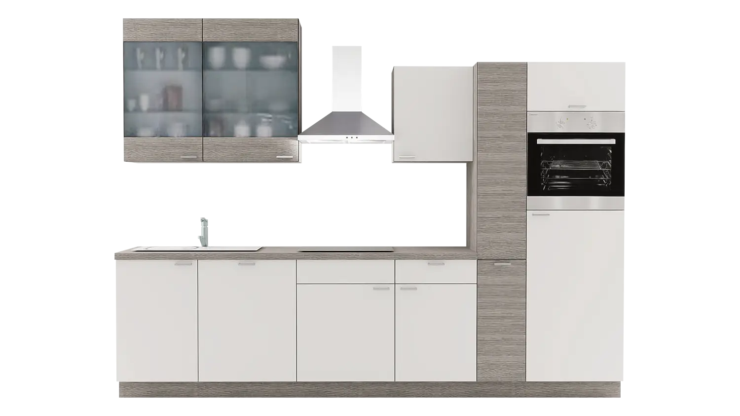 Express Küchenzeile mit Geräten in Weiß & Eiche grau: 310 cm, Spüle links | Küchenblock "EXK1000-1-1-l"