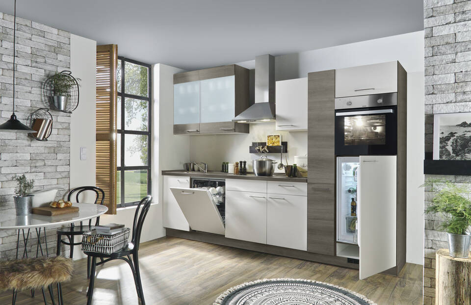Express Küchenzeile mit Geräten in Weiß & Eiche grau: 310 cm, Spüle links | Küchenblock "EXK1000-1-1"