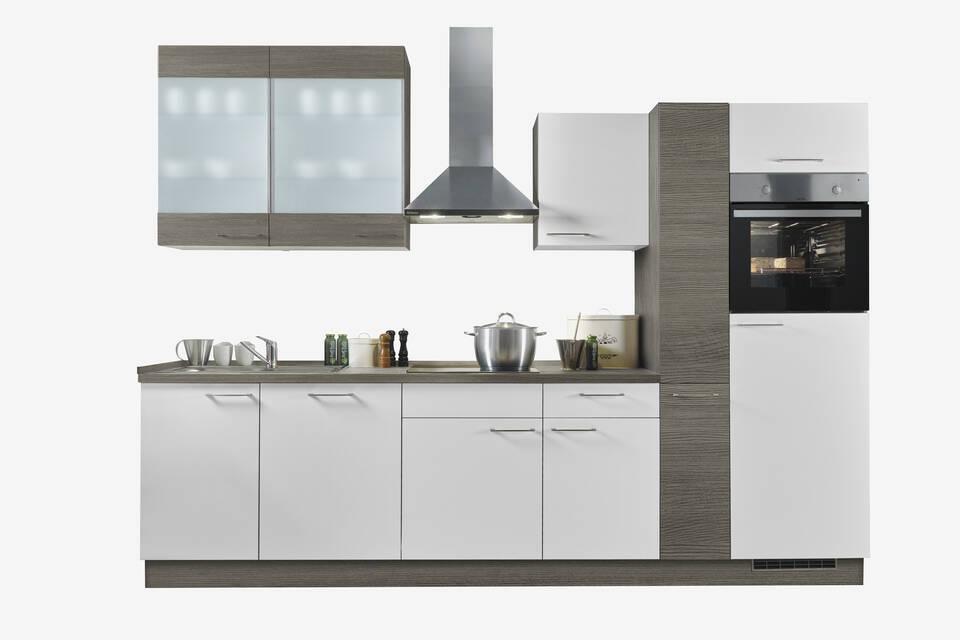 Express Küchenzeile mit Geräten in Weiß & Eiche grau: 310 cm, Spüle links | Küchenblock "EXK1000-1-1-l" / Bild 3
