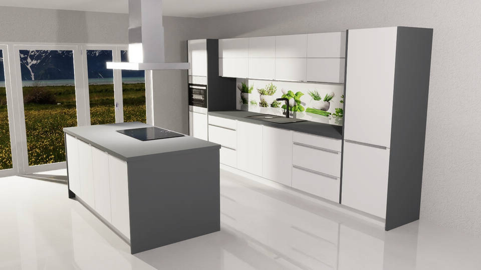 Express Küche mit Insel mit Geräten in Weiß Hochglanz & Anthrazit: 410x205 cm, 615 cm, Spüle links | Inselküche "EXK1010-4-1"