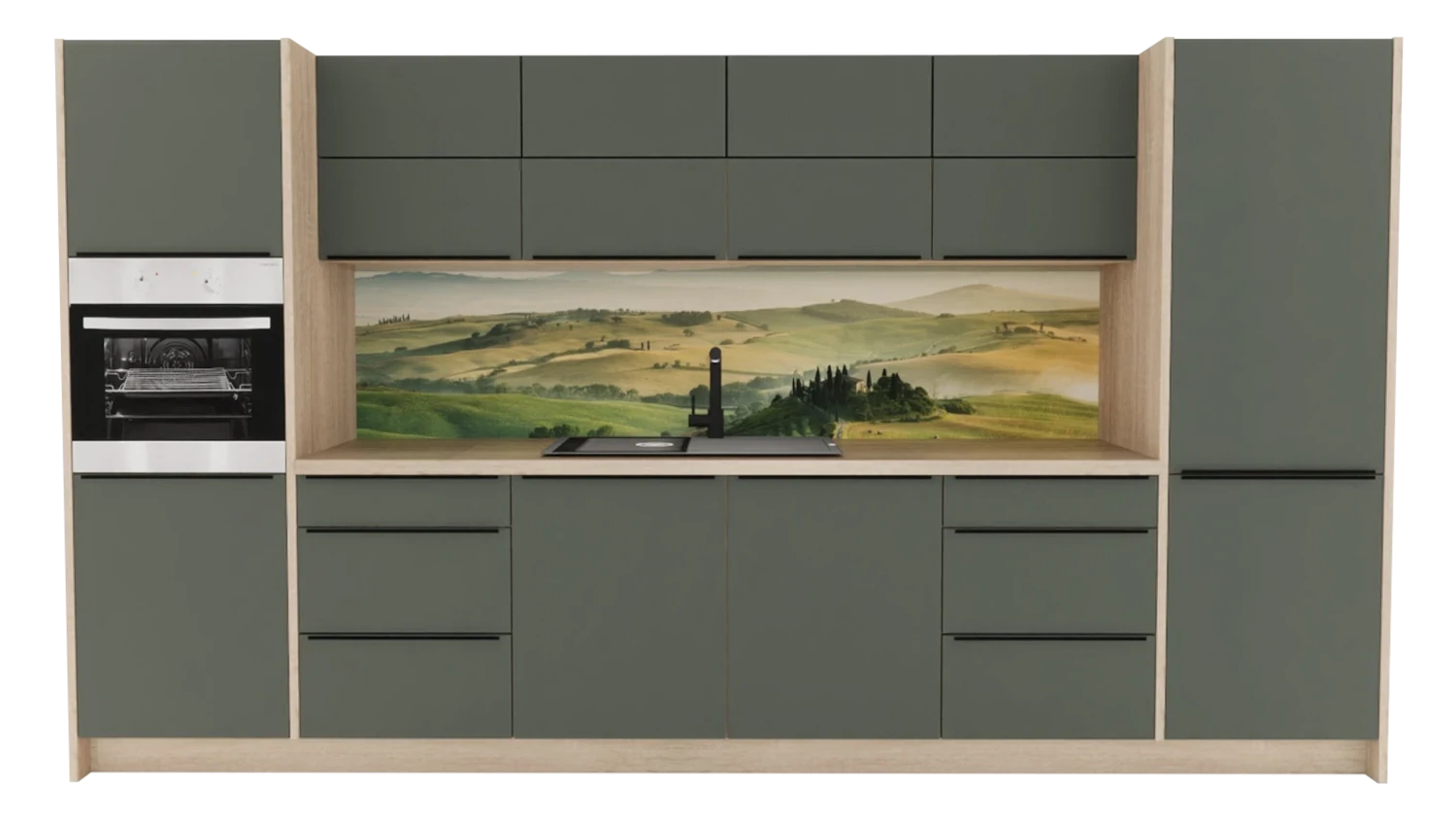 Express Küche mit Insel mit Geräten in Dunkelgrün & Bergeiche: 370x185 cm, 555 cm, Spüle links | Inselküche "EXK1020-3-1-l"