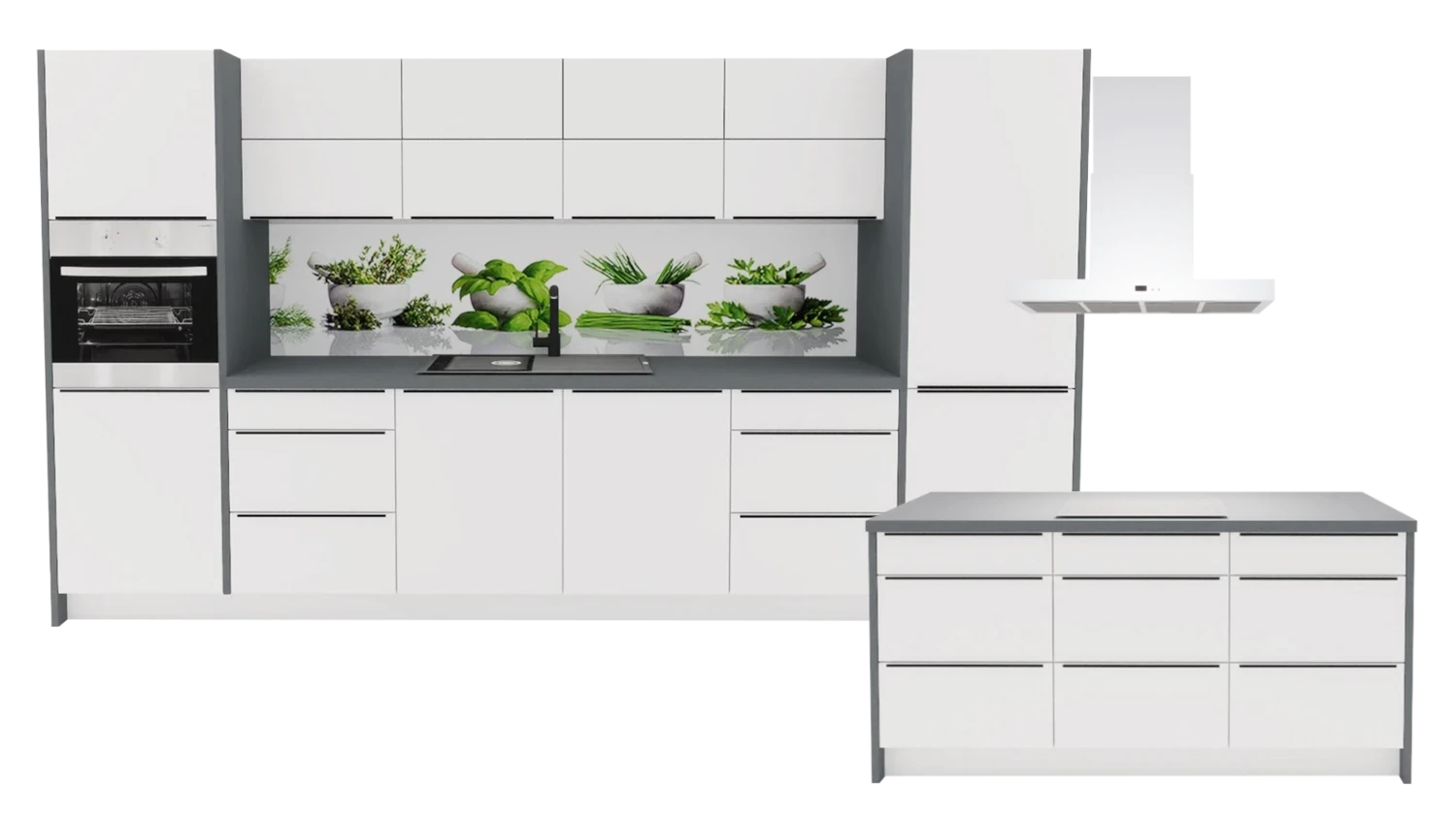 Express Küche mit Insel mit Geräten in Weiß & Anthrazit: 370x185 cm, 555 cm, Spüle links | Inselküche "EXK1020-1-1-l" / Bild 1