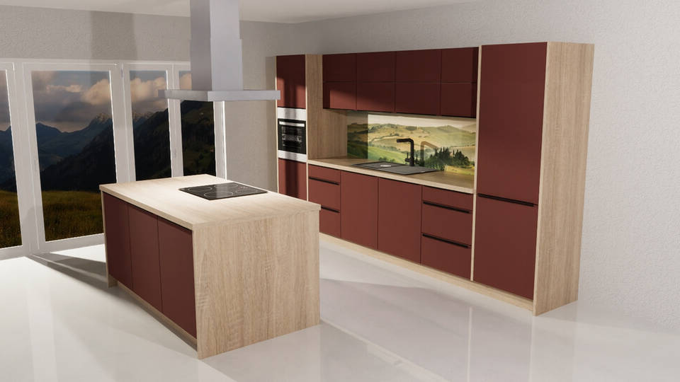 Express Küche mit Insel mit Geräten in Karminrot & Bergeiche: 370x185 cm, 555 cm, Spüle links | Inselküche "EXK1020-2-1-l" / Bild 5