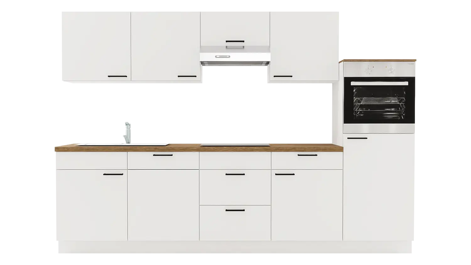 Express Küchenzeile mit Geräten in Weiß & Eiche Klassik: 300 cm, Spüle links | Singleküche "EXK1080-1-1-l"
