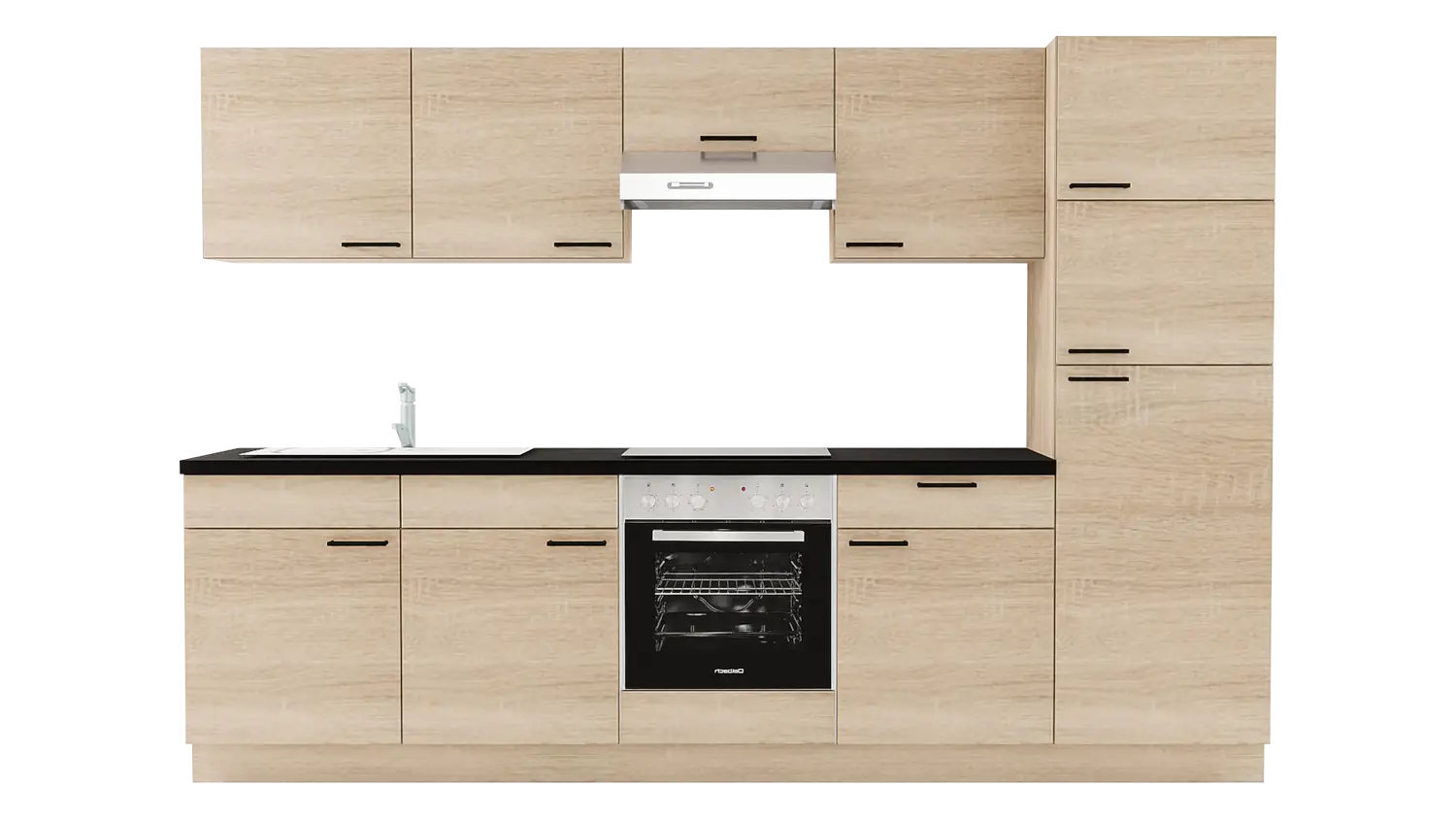 Express Küchenzeile mit Geräten in Bergeiche & Schwarz: 300 cm, Spüle links | Singleküche "EXK1100-4-1-l"