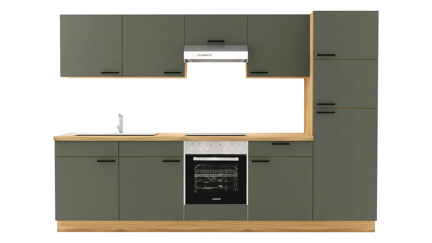 Express Küchenzeile mit Geräten in Dunkelgrün & Eiche astig: 300 cm, Spüle links | Singleküche "EXK1100-5-1-l"