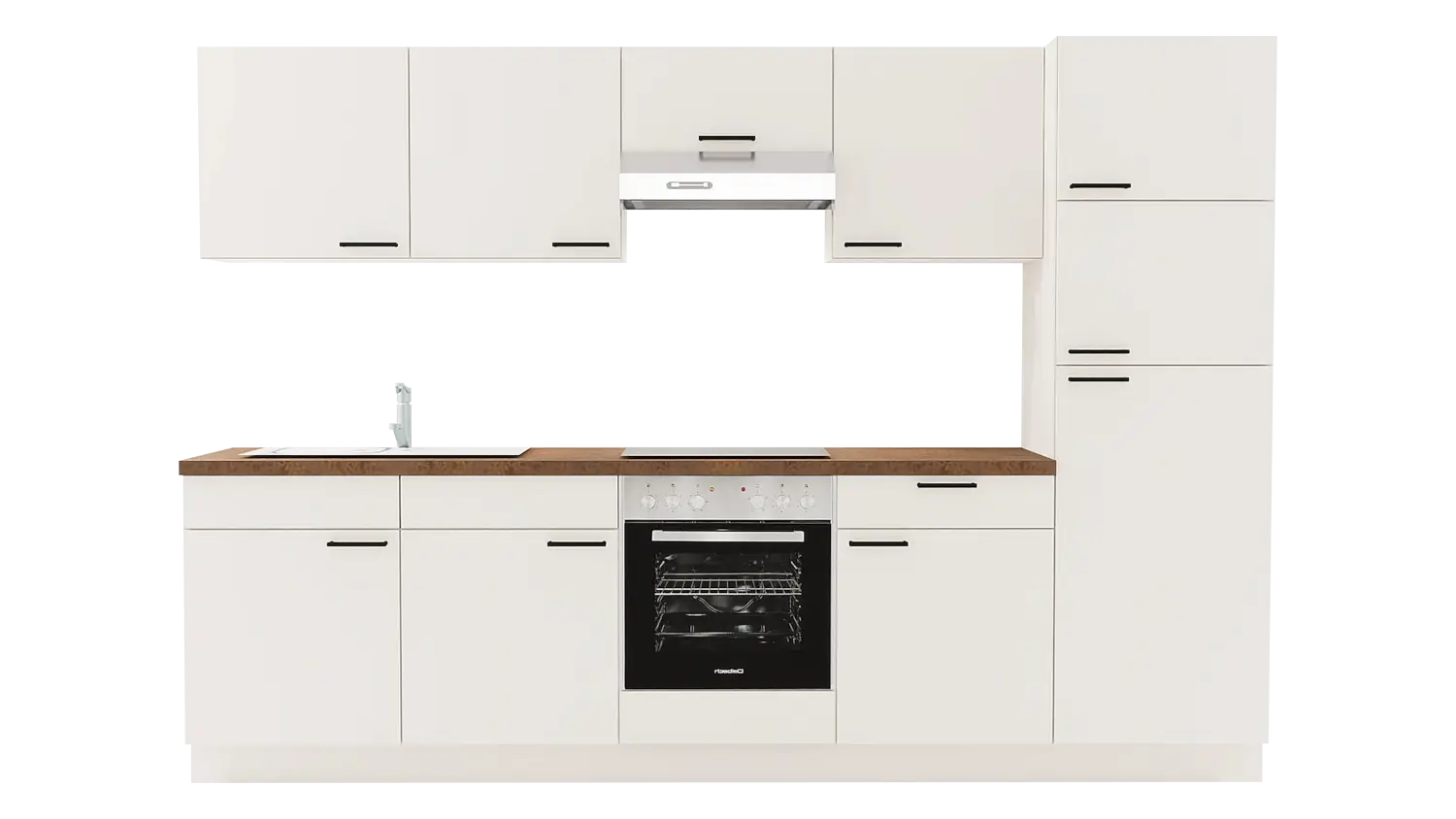 Express Küchenzeile mit Geräten in Magnolia & Korthenstahl: 300 cm, Spüle links | Singleküche "EXK1100-2-1-l"