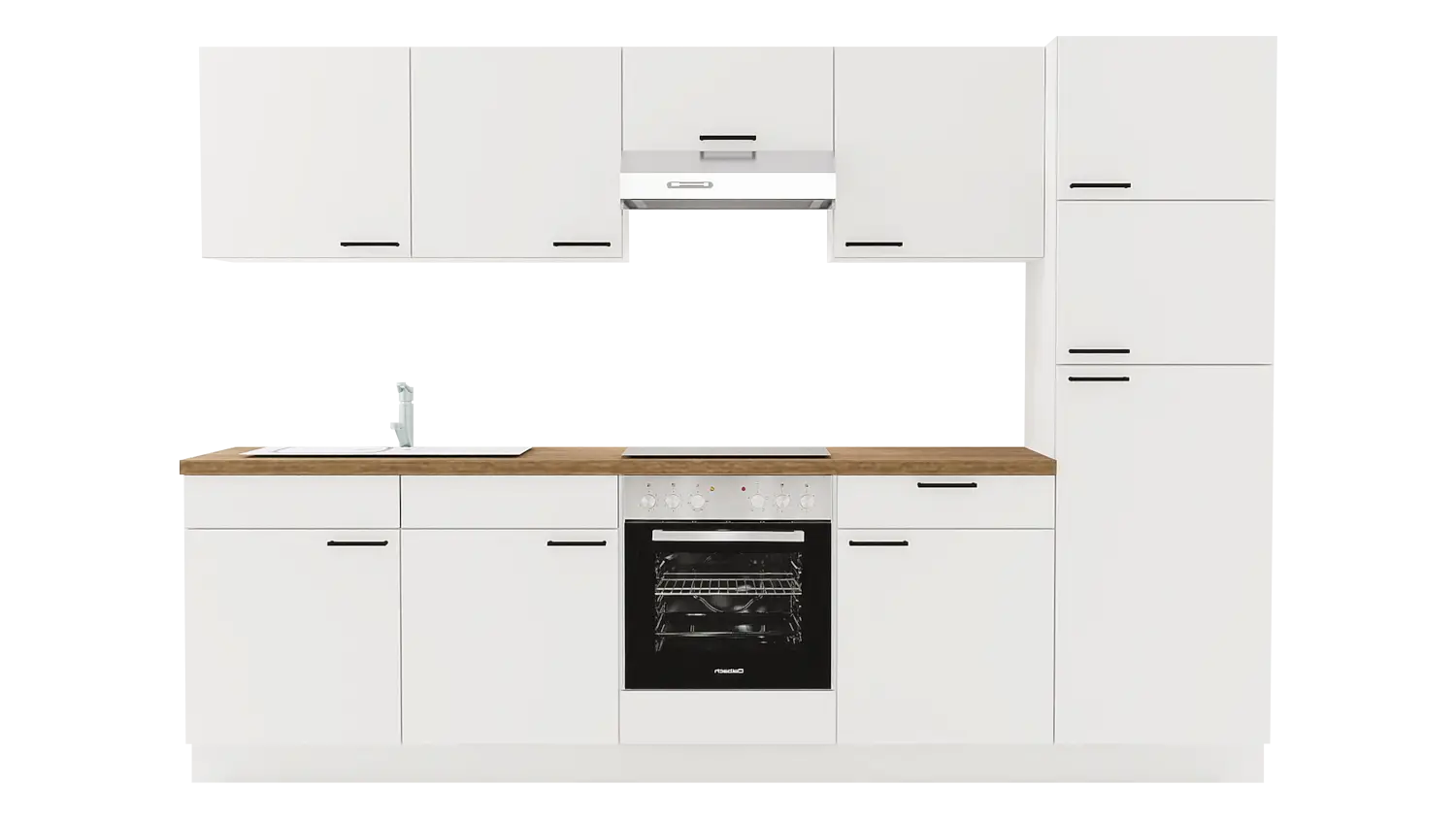 Express Küchenzeile mit Geräten in Weiß & Eiche Klassik: 300 cm, Spüle links | Singleküche "EXK1100-1-1-l"