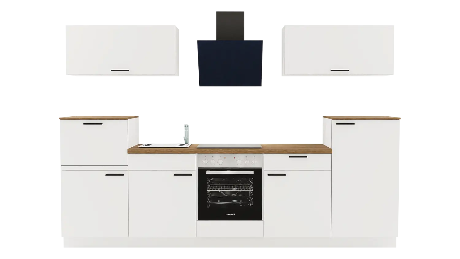Express Küchenzeile mit Geräten in Weiß & Eiche Klassik: 300 cm, Spüle links | Singleküche "EXK1110-1-1-l"