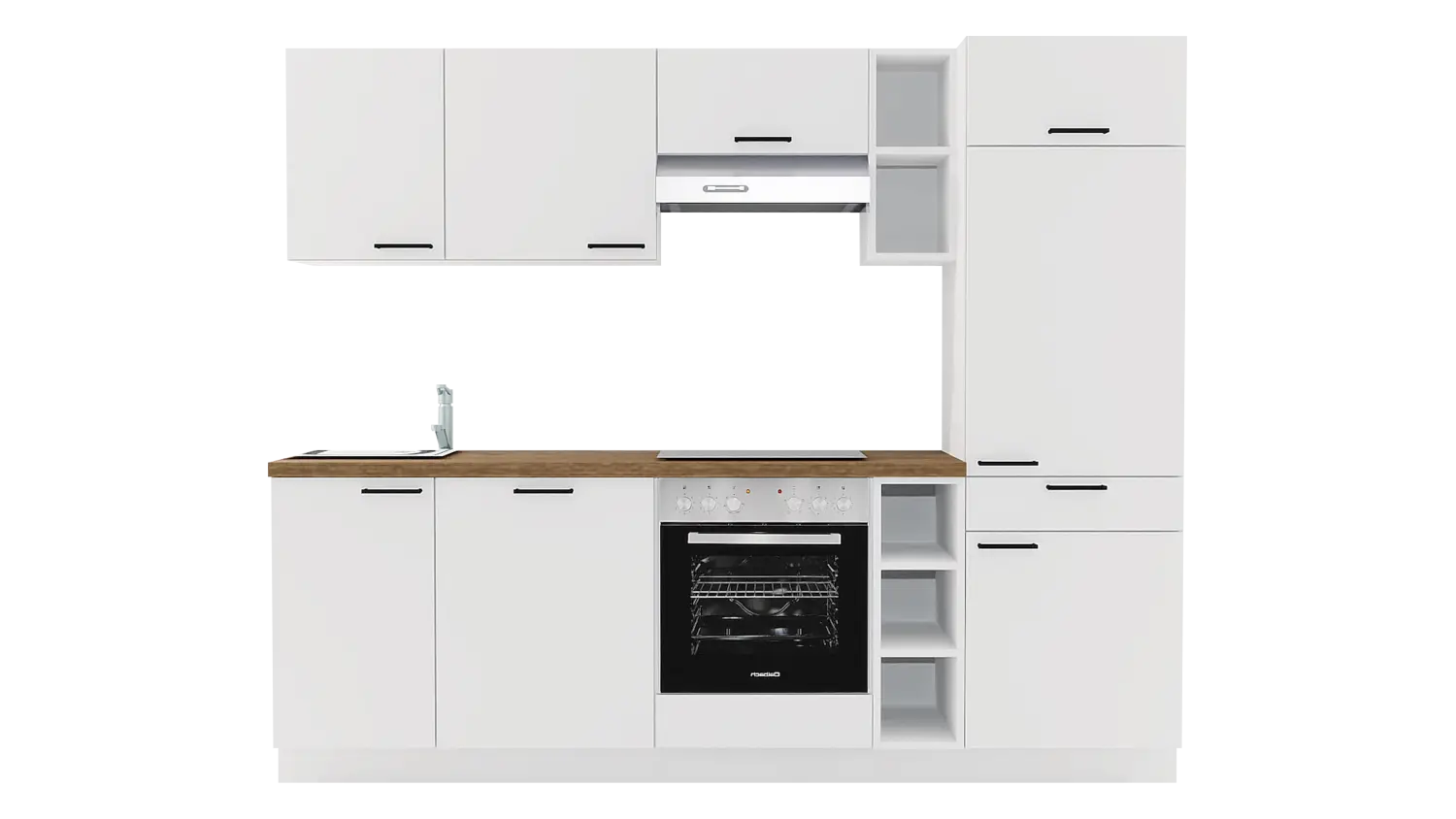 Express Küchenzeile mit Geräten in Weiß & Eiche Klassik: 250 cm, Spüle links | Singleküche "EXK1140-1-1-l"