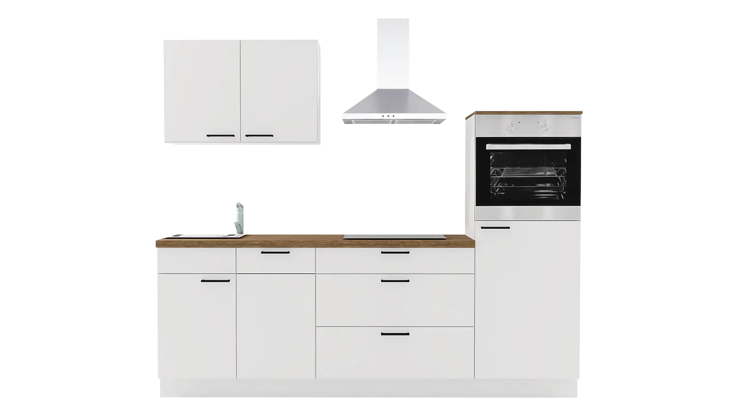 Express Küchenzeile mit Geräten in Weiß & Eiche Klassik: 240 cm, Spüle links | Singleküche "EXK1150-1-1-l"