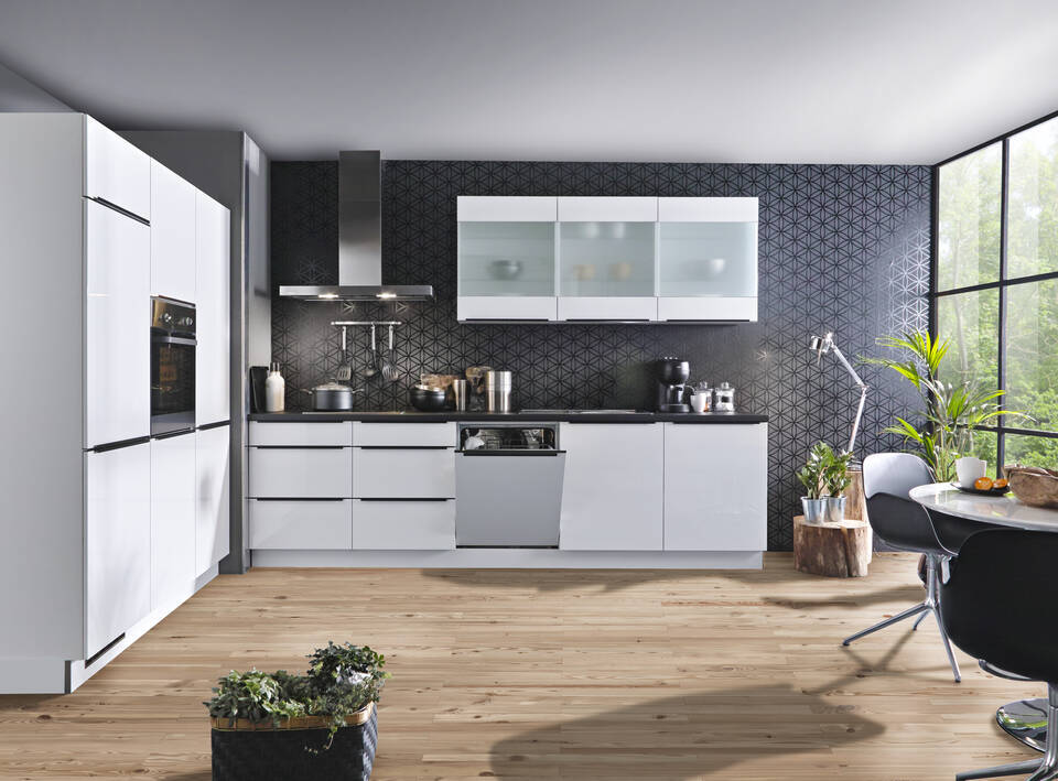 Express Küche mit Geräten in Weiß Hochglanz & Schwarz: zweizeilig, 300x180 cm, 480 cm, Spüle rechts | Doppelblock "EXK60-2-1-r" / Bild 2