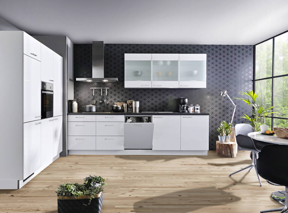 Express Küche mit Geräten in Weiß Hochglanz & Schwarz: zweizeilig, 300x180 cm, 480 cm, Spüle rechts | Doppelblock "EXK70-1-1-r" / Bild 2