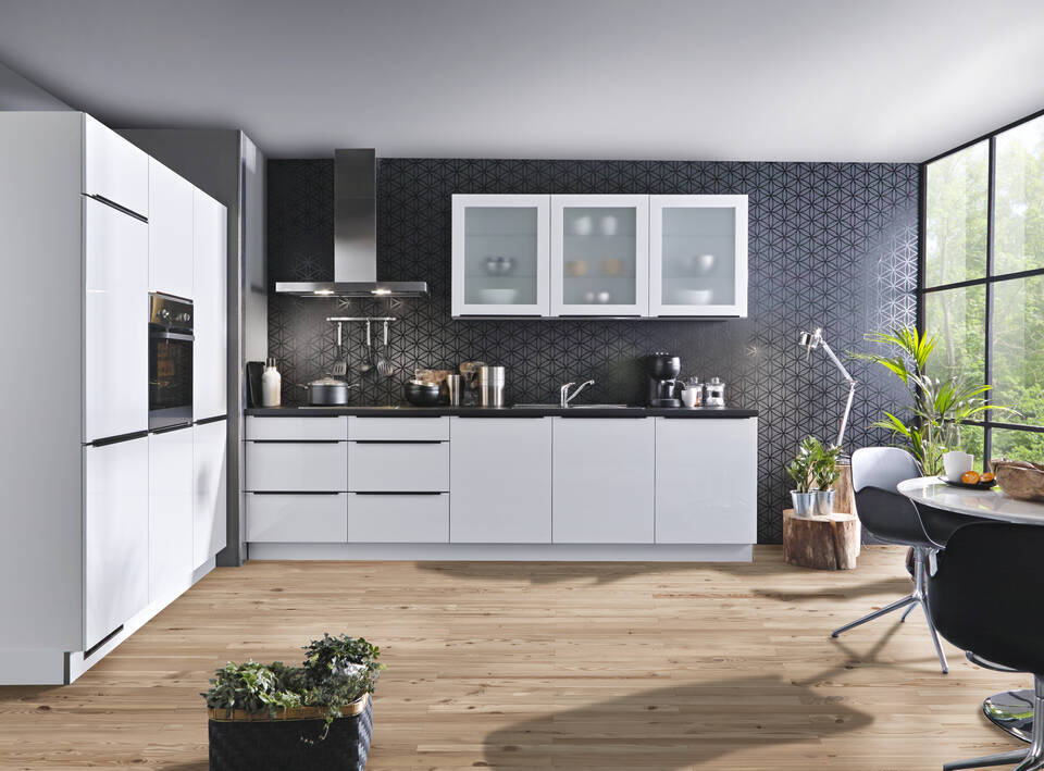 Express Küche mit Geräten in Weiß Hochglanz & Schwarz: zweizeilig, 300x180 cm, 480 cm, Spüle rechts | Doppelblock "EXK90-1-1-r"
