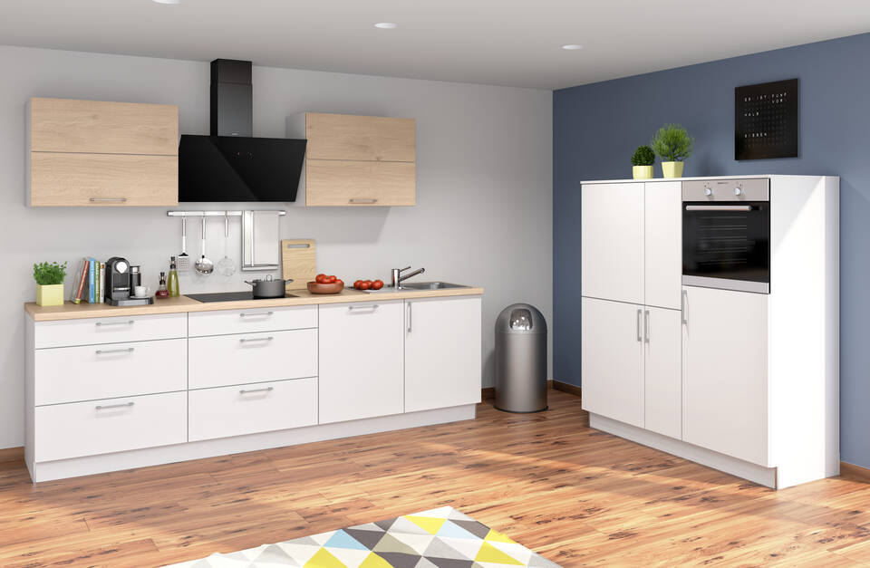 Express Zweizeilige Küche mit Geräten in Weiß & Wildeiche: 280x150 cm, 430 cm, Spüle rechts | Doppelblock "EXK100-1-1"