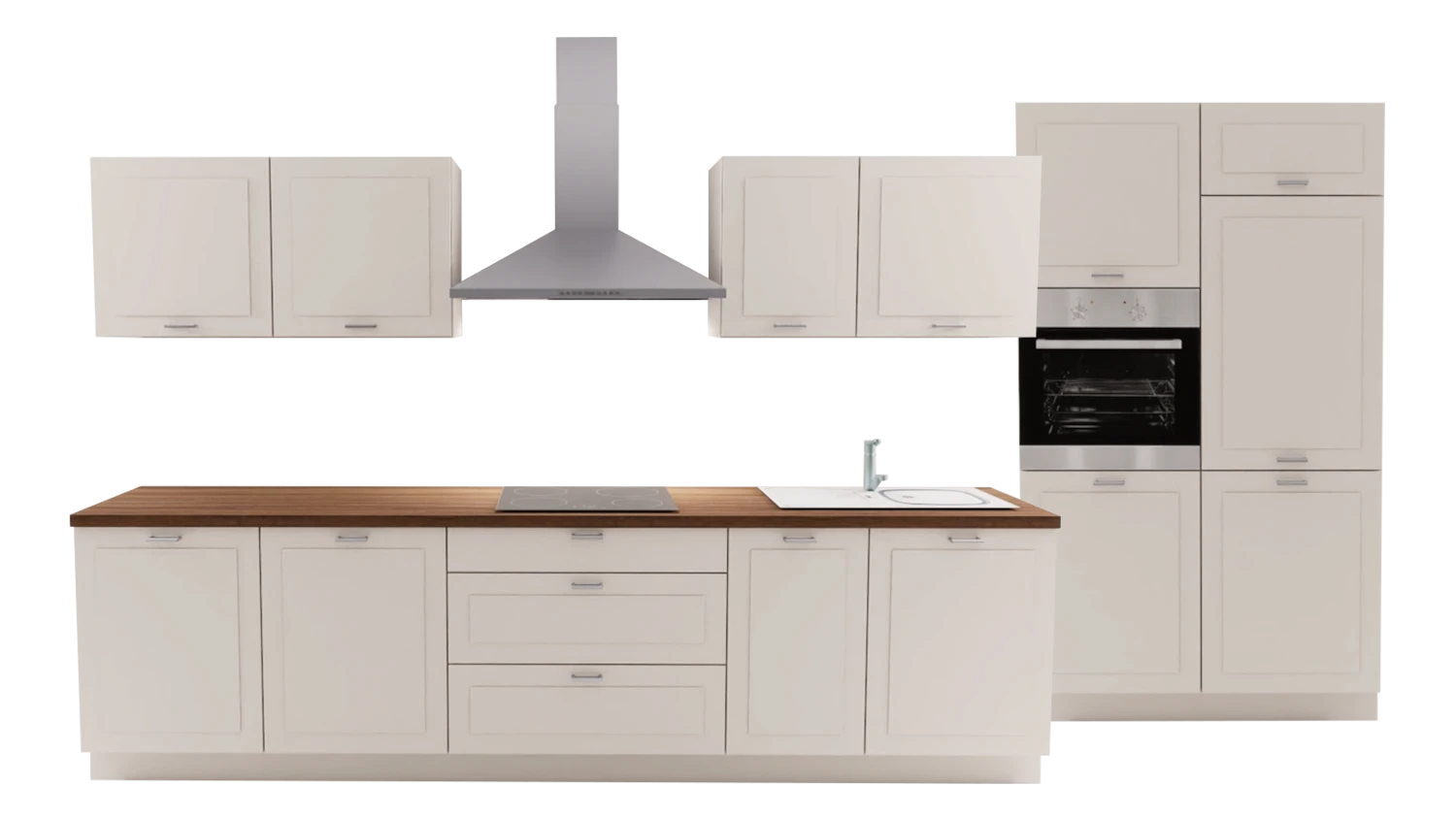 Express Küche mit Geräten in Magnolia & Nussbaum: zweizeilig, 315x120 cm, 435 cm, Spüle rechts | Doppelblock "EXK120-1-1-r"