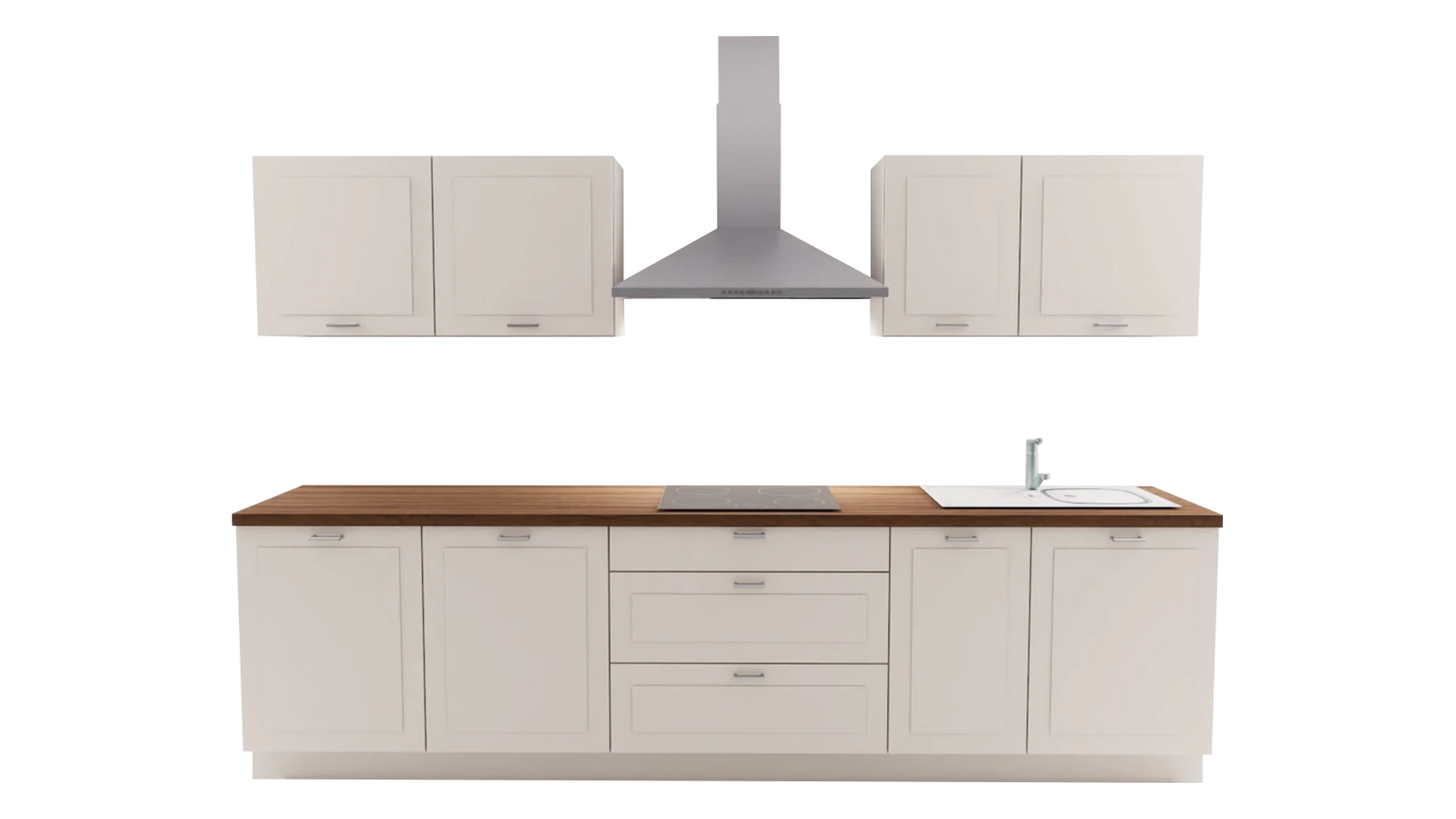Express Küche mit Geräten in Magnolia & Nussbaum: zweizeilig, 315x120 cm, 435 cm, Spüle rechts | Doppelblock "EXK120-1-1-r" / Bild 2