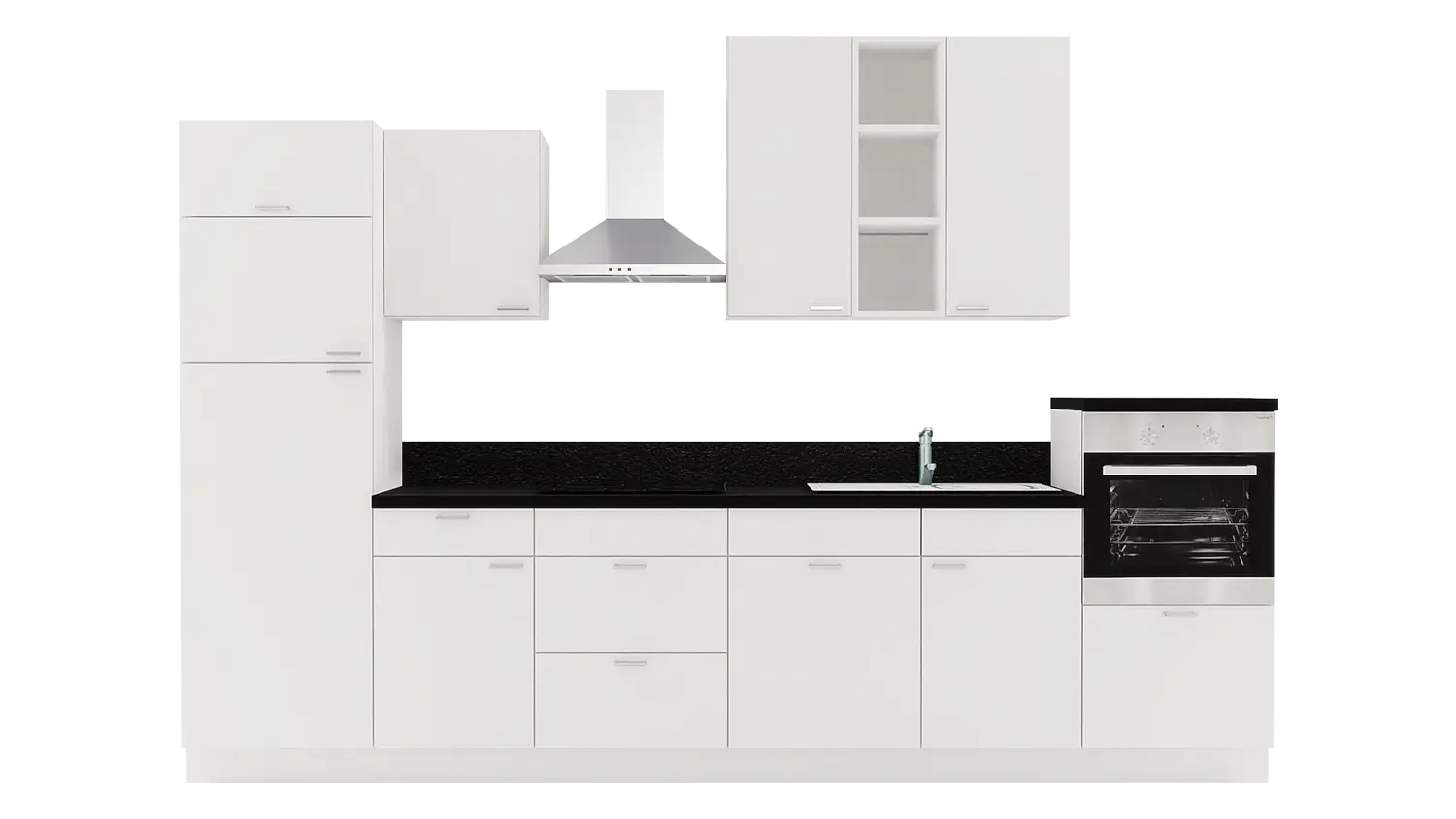 Express Küchenzeile mit Geräten in Weiß & Schwarz: 340 cm, Spüle rechts | Küchenblock "EXK520-1-1-r"