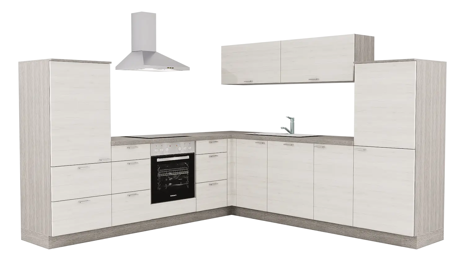 Express L-Küche mit Geräten in Eiche weiß & Eiche grau: 275x275 cm, 550 cm, Spüle rechts | Winkelküche "EXK570-1-1-r"