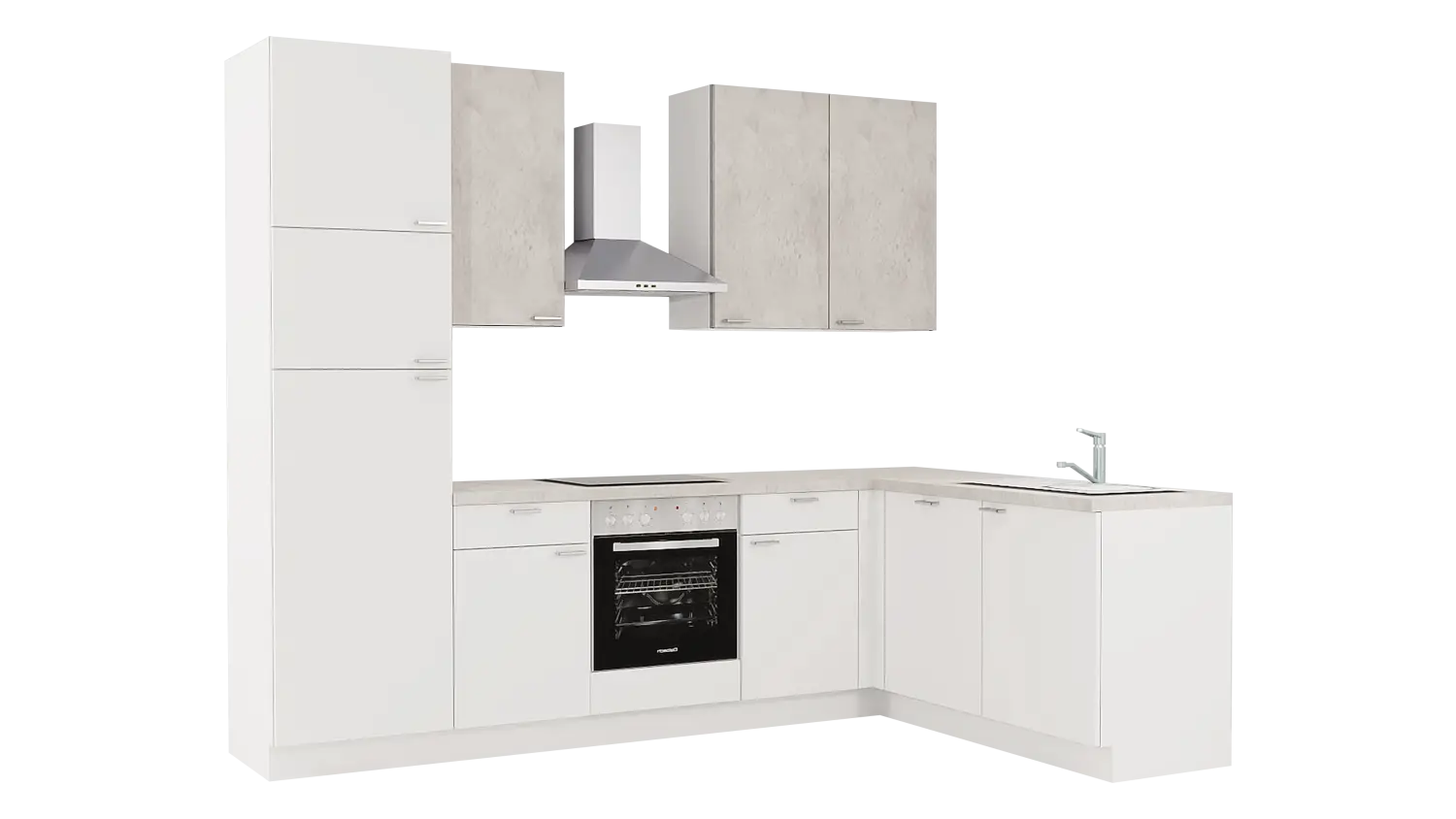 Express L-Küche mit Geräten in Weiß & Beton hell: 185x285 cm, 470 cm, Spüle rechts | Winkelküche "EXK150-1-1-r"